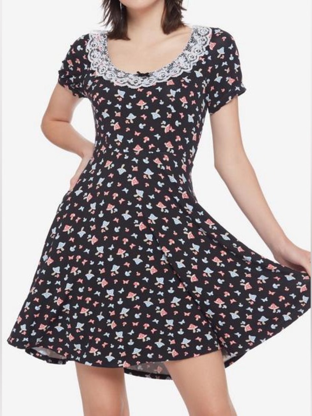 Hot Topic Black Mushroom Lace Collar Skater Dress with Pockets Size XS